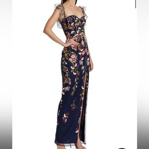 MARCHESA NOTTE floral embroidered off the shoulder dress